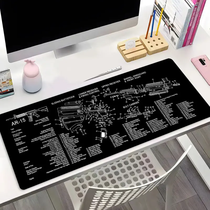 AR-15 Gun Blueprint Military Design Large Gaming Mouse Pad,Aesthetic Desktop Protection Pad,Washable Rubber Pad Non-Slip Lock Edge Multi-Size Mouse Pad Suitable For Home Office, Corporate Work Desk Accessories, Office Desk Supplies, Computer Mouse Pad