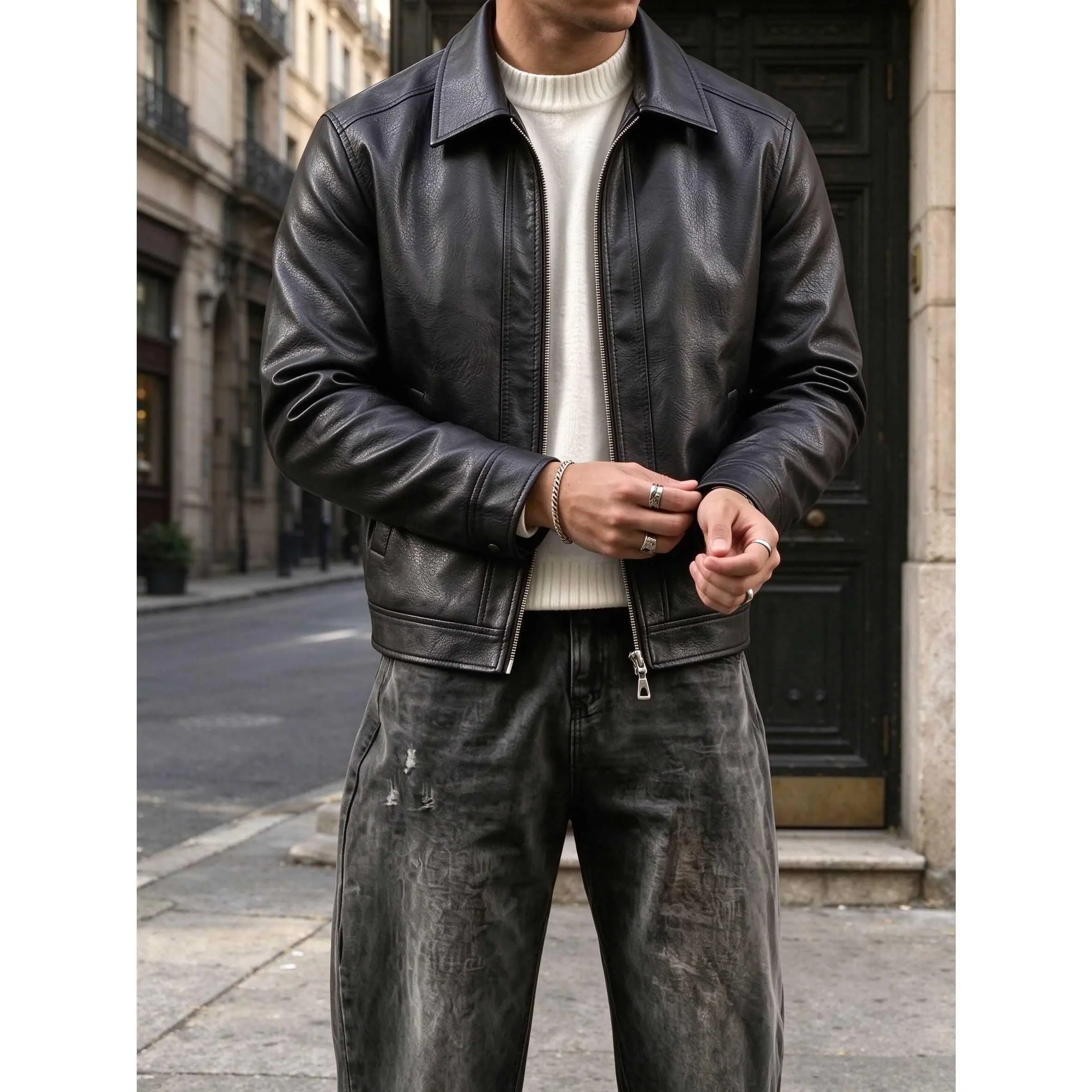 Men's custom leather jacket, featuring a stand-up collar design.The meticulous hand-stitching enhances the texture.The minimalist design style is perfect for streetwear and semi-formal occasions.