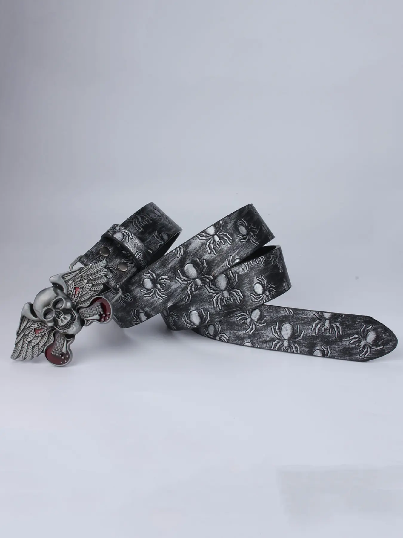 Punk Rock Belt with Skull Wing Guitar Buckle, Spider Pattern Gothic Concert Streetwear, Unisex Fashion Accessory for Men and Women, Printed Belts, Punk Style Belt