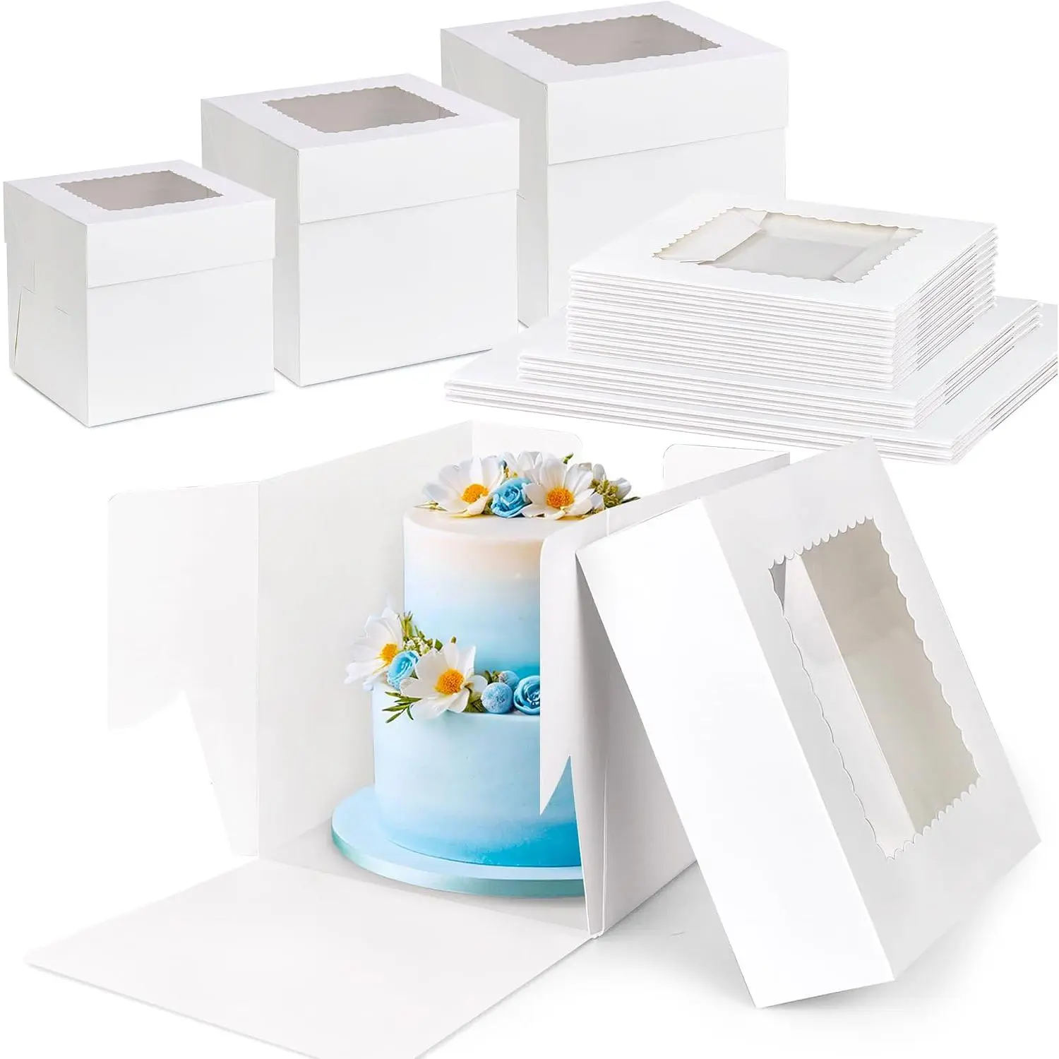 15 count White Tall Cake Boxes with Window 3 Sizes 12x12x12 10x10x10 8x8x8 Inches Bakery Cake Boxes Square Cake Containers