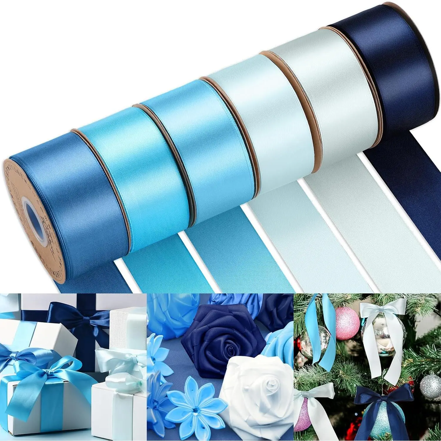 200 Yards Dusty Blue Satin Ribbon 1.5 Inch 6 Rolls Double  Multicolor Ribbon for  Wrapping Flower Bouquet Bows DIY Crafts Birthday Party Decorations