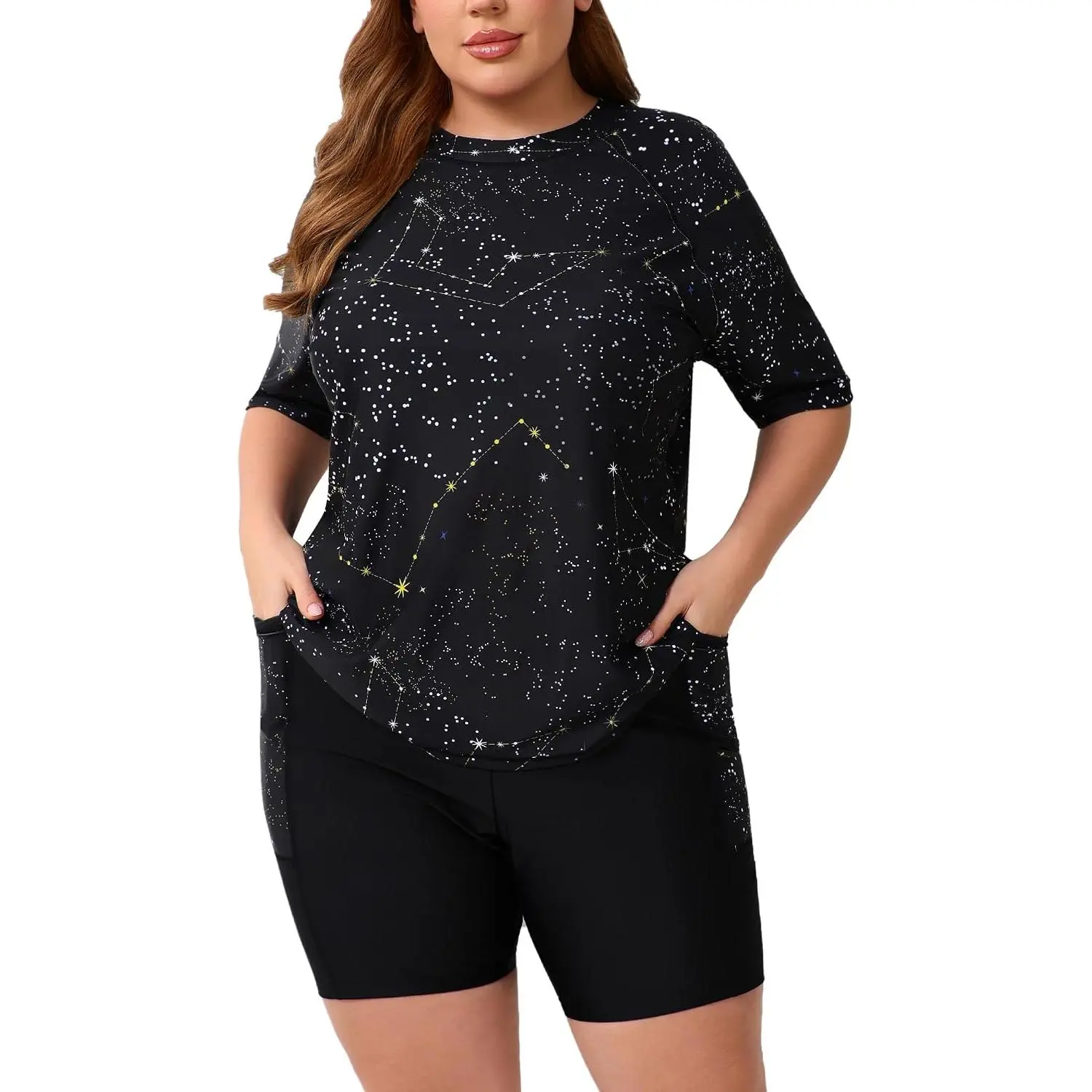 Women's Plus Built in Bra Rash Guard Two Piece Swim Shirt and Pockets Boyleg Shorts
