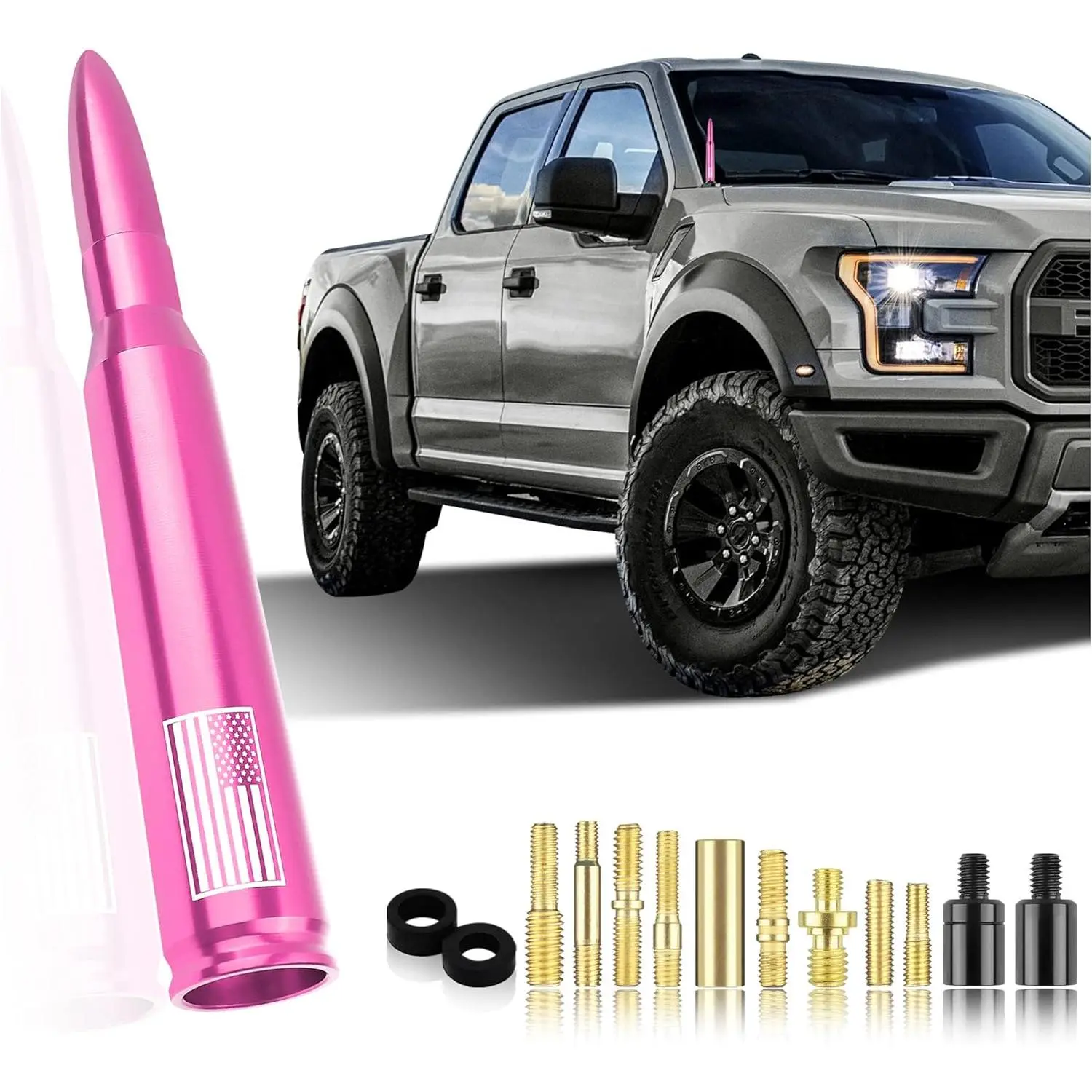 Car Bullet Antenna,Truck Exterior Decoration Accessories Car Vehicle Replacement Antenna Conpatible with Ford F150 RAM 1500 GMC Heavy Duty Pickup Trucks Accessories(New Upgrade Pink-U.S.Flag)