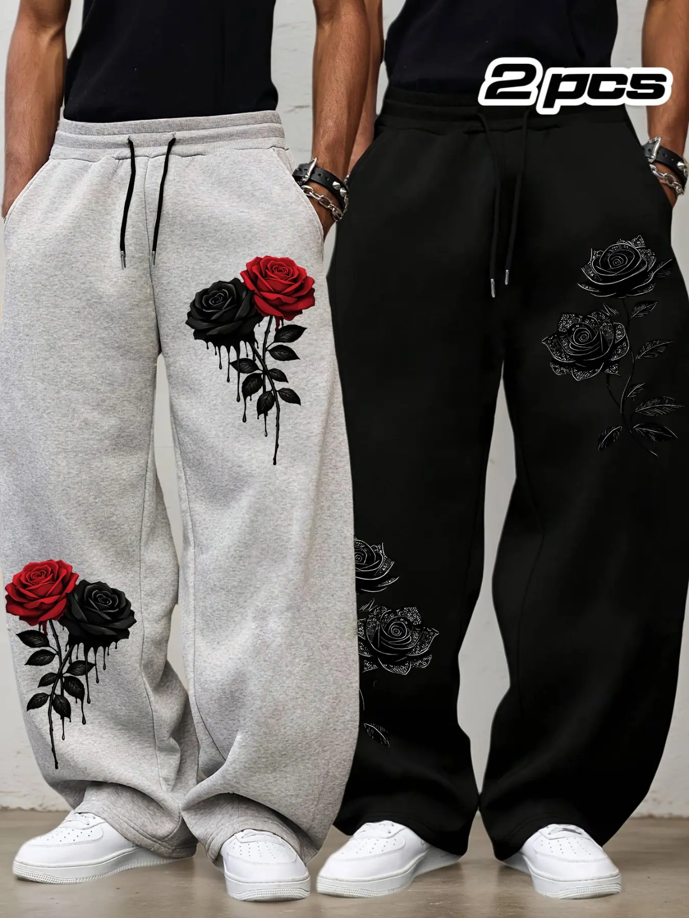 2 Pack Men Elastic Drawstring Wide Leg Sweat Pants Dripping Lace Texture Rose Floral Dual Side Graphic Print Loose Fit Gothic Dark Aesthetic Streetwear Bottoms For Summer Daily Casual Hip Hop Outfit#ElasticDrawstringHipHopTrousers#trendingpants