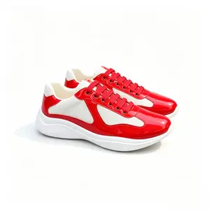 Trend Red White Contrast Lace Up Platform Sneakers Breathable Mesh Gloss Upper Non Slip Rubber Sole Comfort Athletic Walking Gym Outdoor Daily Casual Shoes