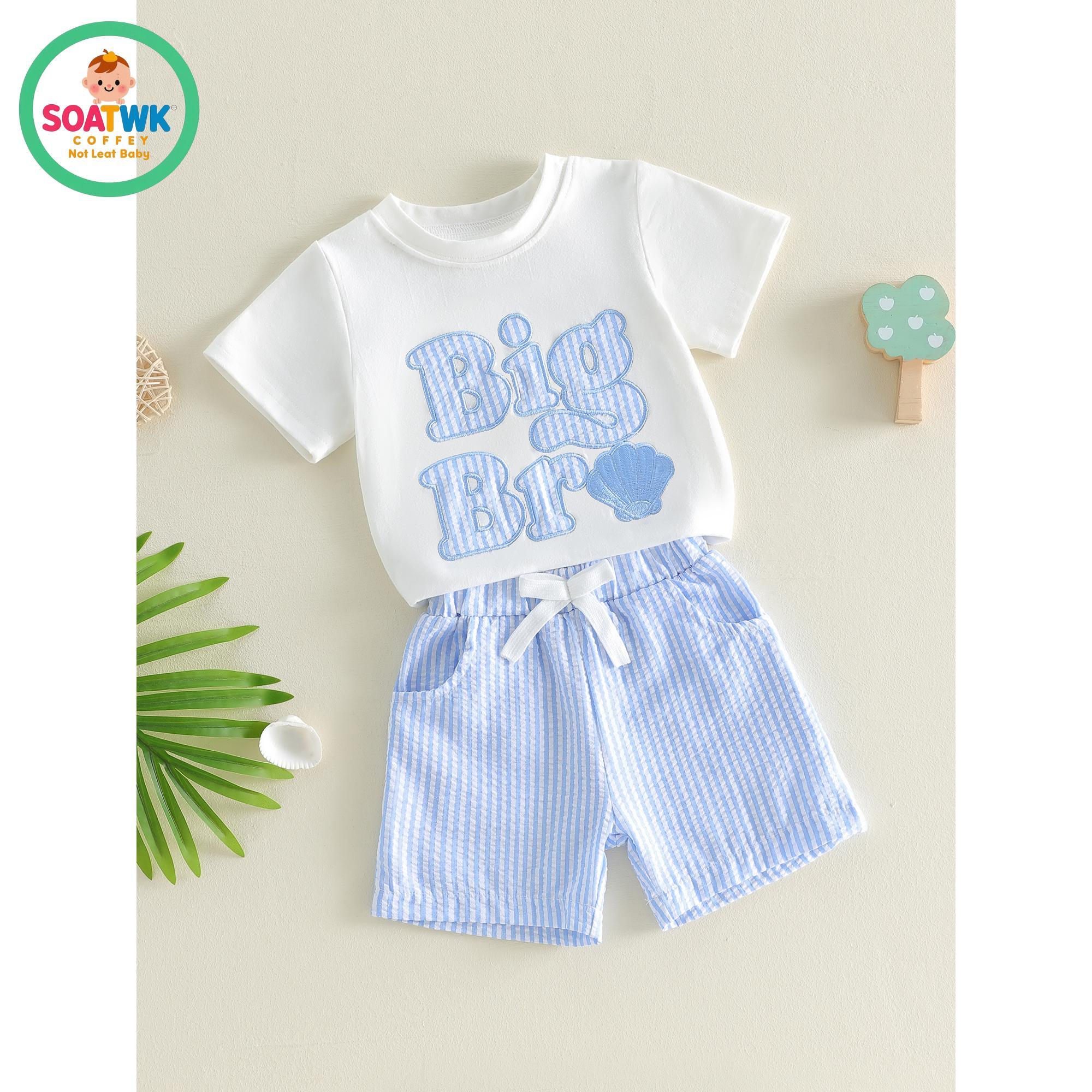 Toddler Boys Summer Outfits Letter Shell Embroidery Short Sleeve T-Shirts Elastic Waist Shorts 2Pcs Clothes Set