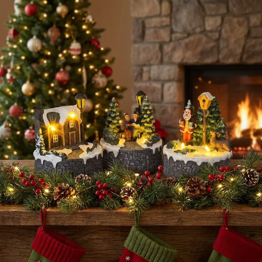 Resin Mini Snow Village Lighted Scene with Santa & Deer, Warm Glow Tabletop Centerpiece, Festive Christmas Gift for Home Decor Enthusiasts