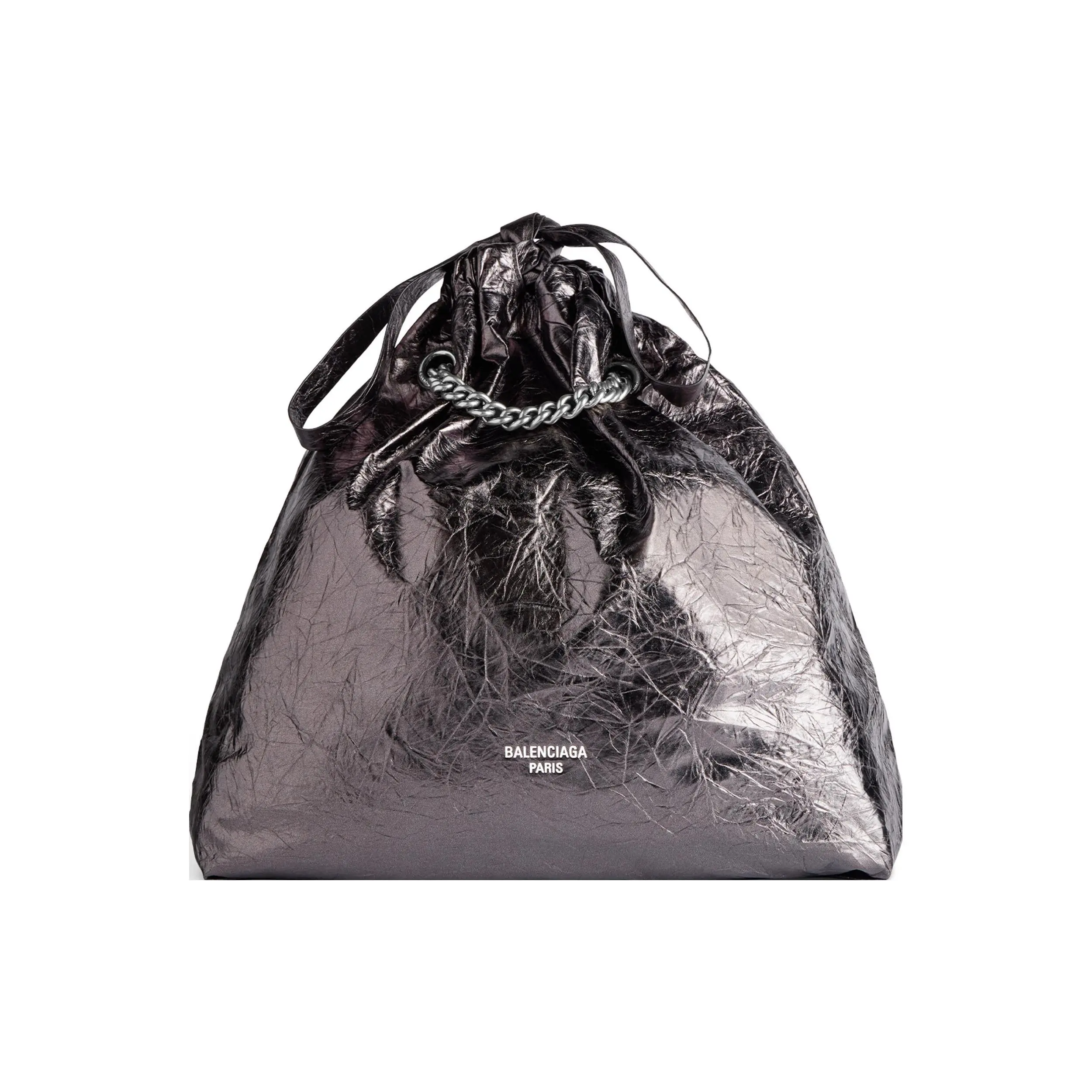 Balenciaga Crush Logo-Print Drawstring Top-Handle Leather Shoulder Bag for Women, Metallic-Embossed, Medium Size, Dark Gray