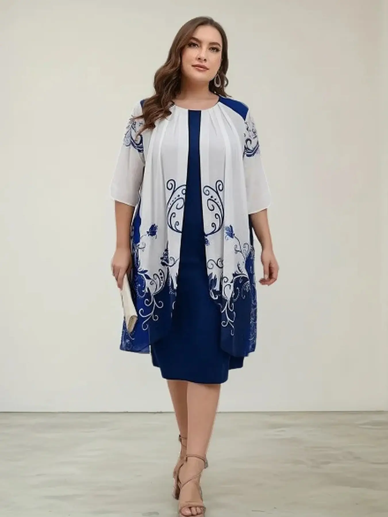 Plus Size Mock Two-Piece Midi Dress, Women Round Neck 3/4 Sleeve Chiffon Overlay, Blue- Floral Print, Wedding Party Dress