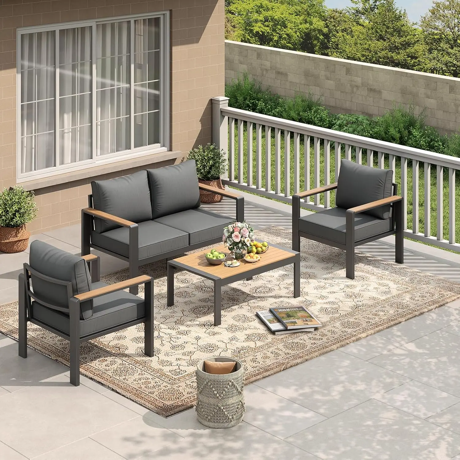 4-Piece Aluminum Patio Set – Outdoor Sectional with Washable Thick Cushions & Coffee Table – Conversation Set for Porch, Balcony, Deck, Yard