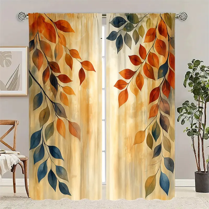 2-piece set. Painted autumn leaves patterned semi-transparent curtains, rod bag curtains, Semi Sheer Window Curtain. Suitable for living room, bedroom and home decoration. Hand washable and machine washable.