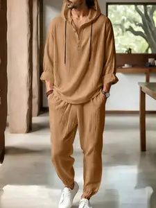 Men's linen texture hooded long-sleeved top pants two-piece set - Henry collar half-opened cuffed casual suit - Soft and breathable loose fit - Suitable for daily home use, commuting, and vacation. Versatile for all occasions