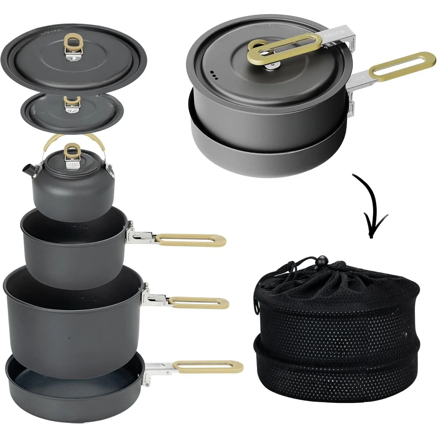Camping Cookware Set - Lightweight Camping Pots and Pans - Portable Outdoor Cookware with Kettle - Camping Cookware Mess Kit for 2