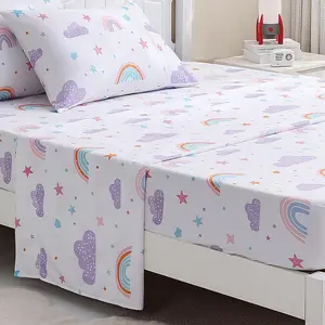 3 Pieces Twin Size Rainbow Stars Printed Bedding Sheets Set for Girls Kids Toddlers - Deep Pocket Wrinkle Free Breathable, Purple Pink