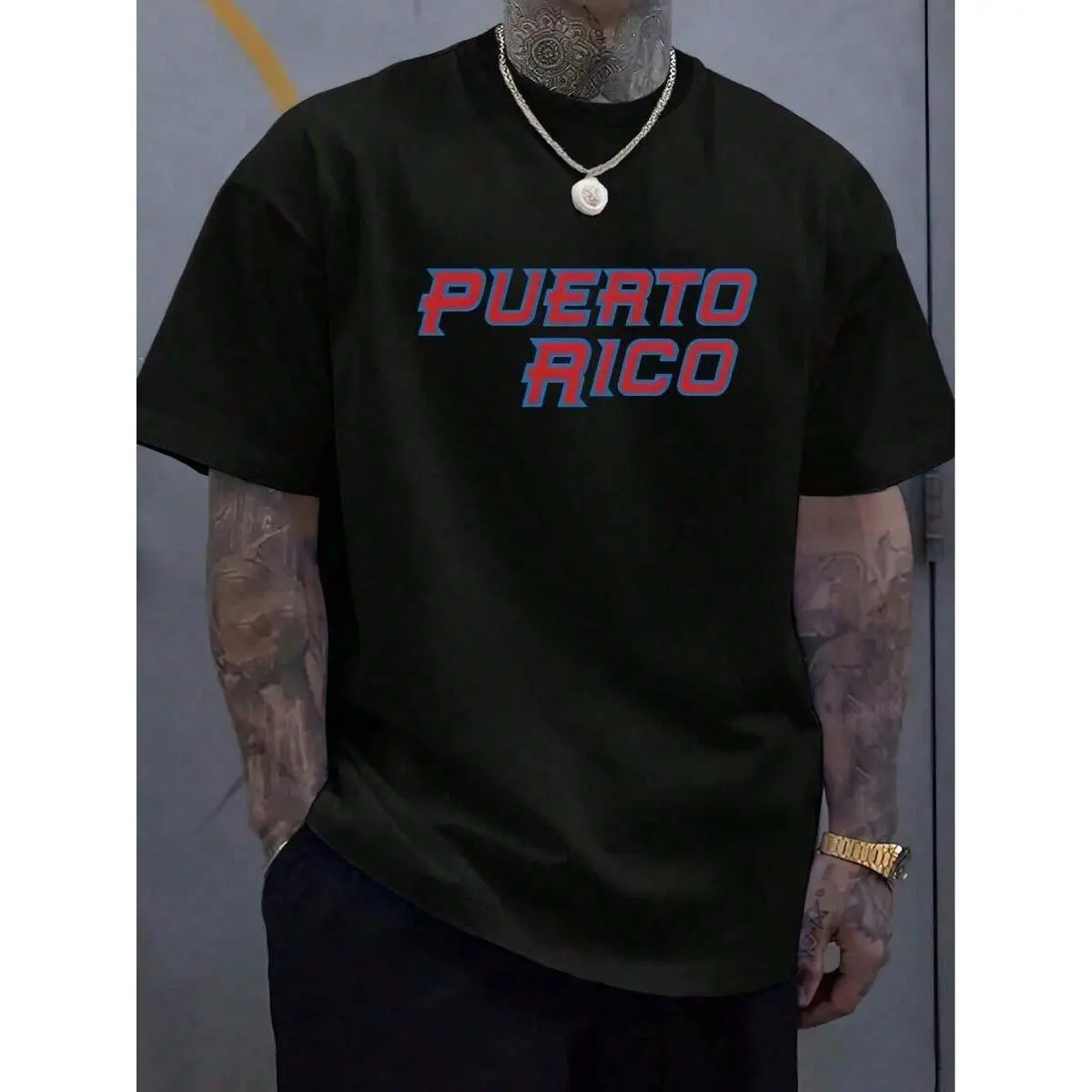 Men's "Puerto Rico" Text Graphic 100 Cotton Clothing T-Shirt - Distressed Look Short Sleeve Crew Neck Casual Tee, Machine Washable Vintage Finish