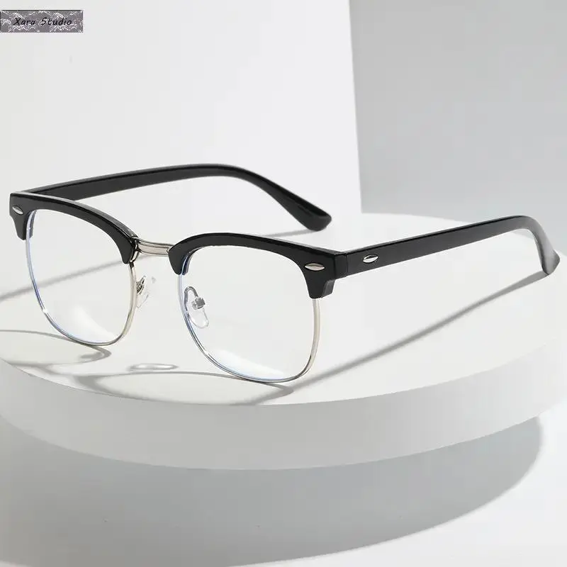 Men's Retro Blue Light Glasses - Solid Polycarbonate Semi Rimless Quality Lightweight Stylish Trendy Trendy Vintage Screen Viewing Eyewear, Anti-Eye Strain UV Protection, for Office & Gaming, Lightweight Eyeglasses, Quality Eyeglasses, Stylish Trendy Eyew