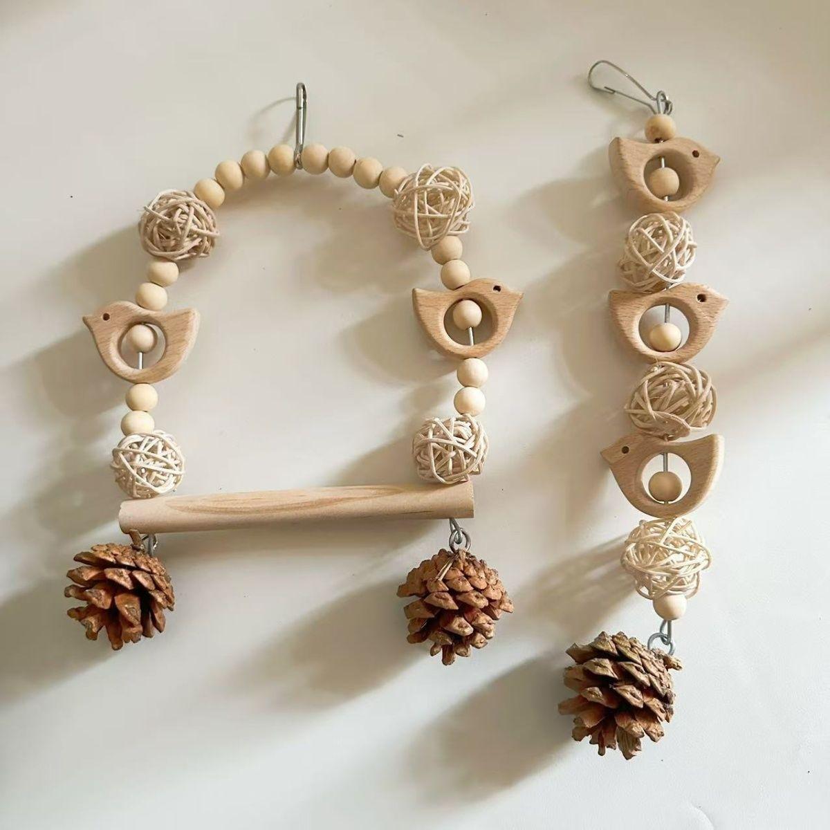 Pine Cone & Vine Ball Parrot Toy, Bird Cage Chewing Teething Items for Small Medium Parrots, Climbing Educational Swing for Budgie Cockatiel Lovebird, Relieve Boredom Stress Relief