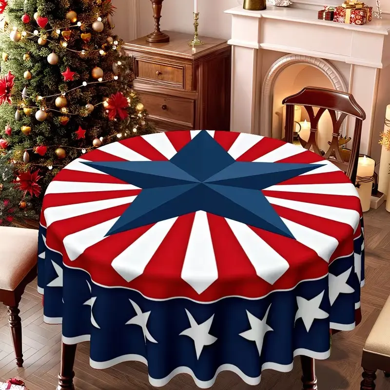 Round Tablecloth for Christmas, Easter, Patriotic Events, Blue Star Center, Stripes, Star Ring, Perfect for Family Gatherings, Restaurants