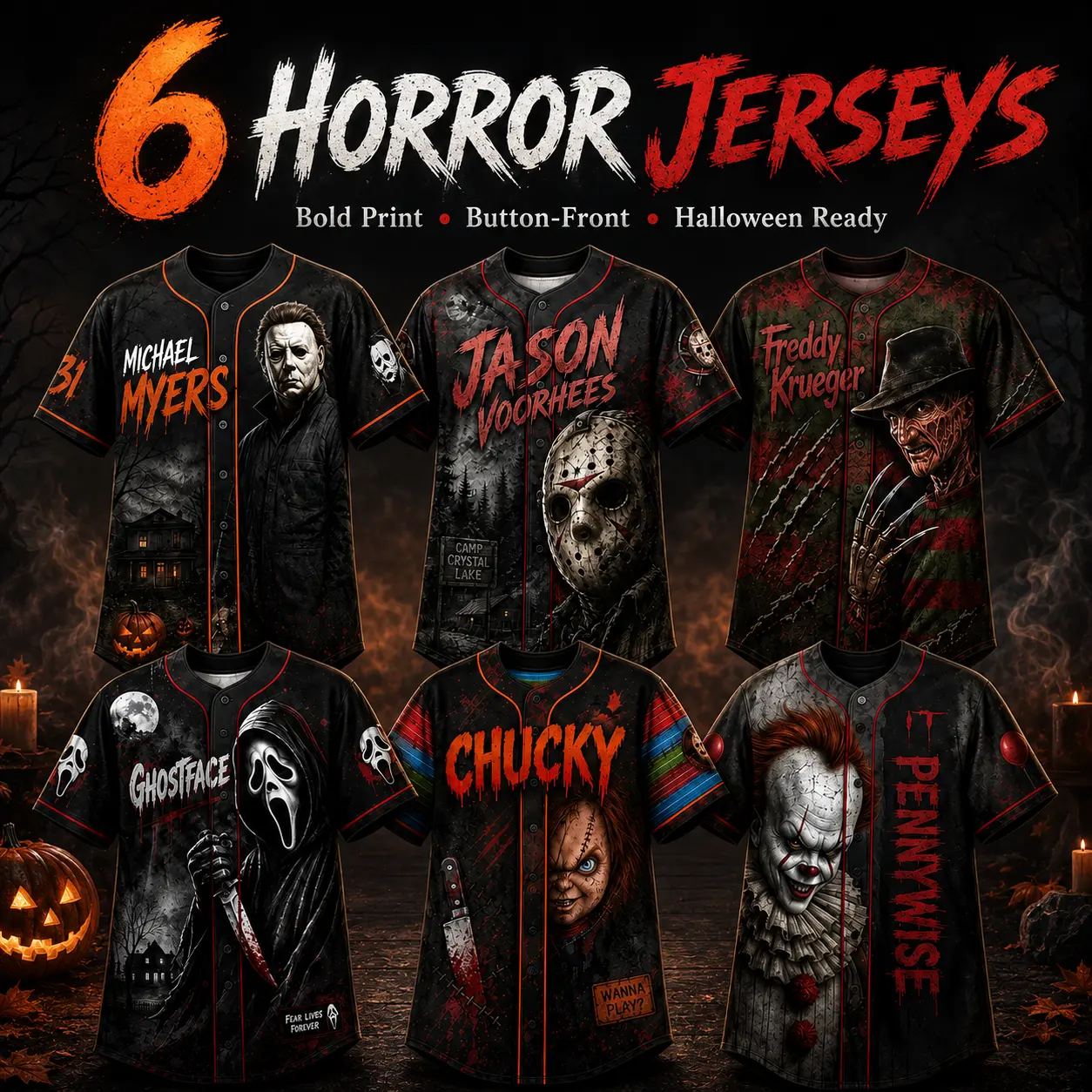 Horror Slasher Baseball Jersey, Classic Horror Movie Characters Shirt, Spooky Squad Halloween Uniform, Halloween party costumes, Halloween Gifts