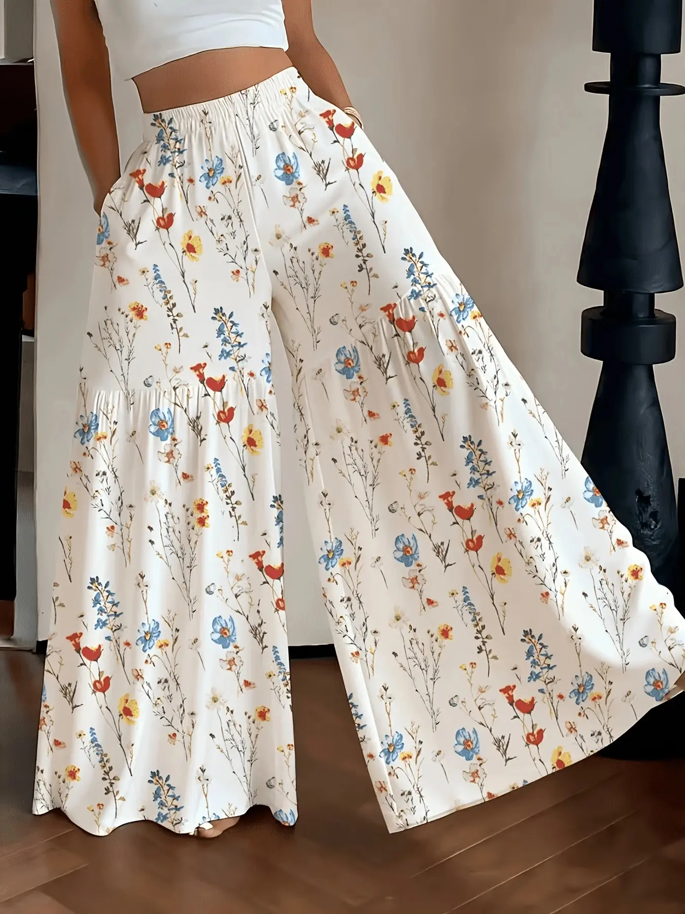 Women's Casual Lightweight Floral Print Wide Leg Pants, Elastic Waist, Comfortable Loose Fit, Suitable for All Seasons, Perfect for Outdoor Activities