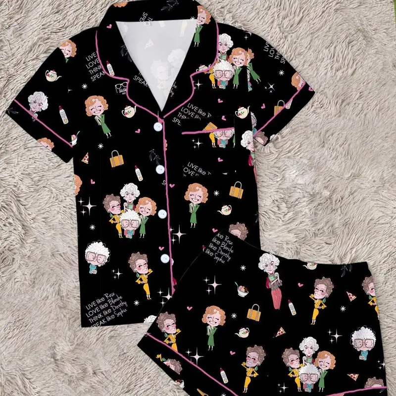 Women’s Button‑Down Lapel Pajama Set, Golden Girls Character Print Short Sleeve Top & Shorts Loungewear Set, Soft Milk Silk Polyester Sleepwear for Ladies, 3 Colors Available