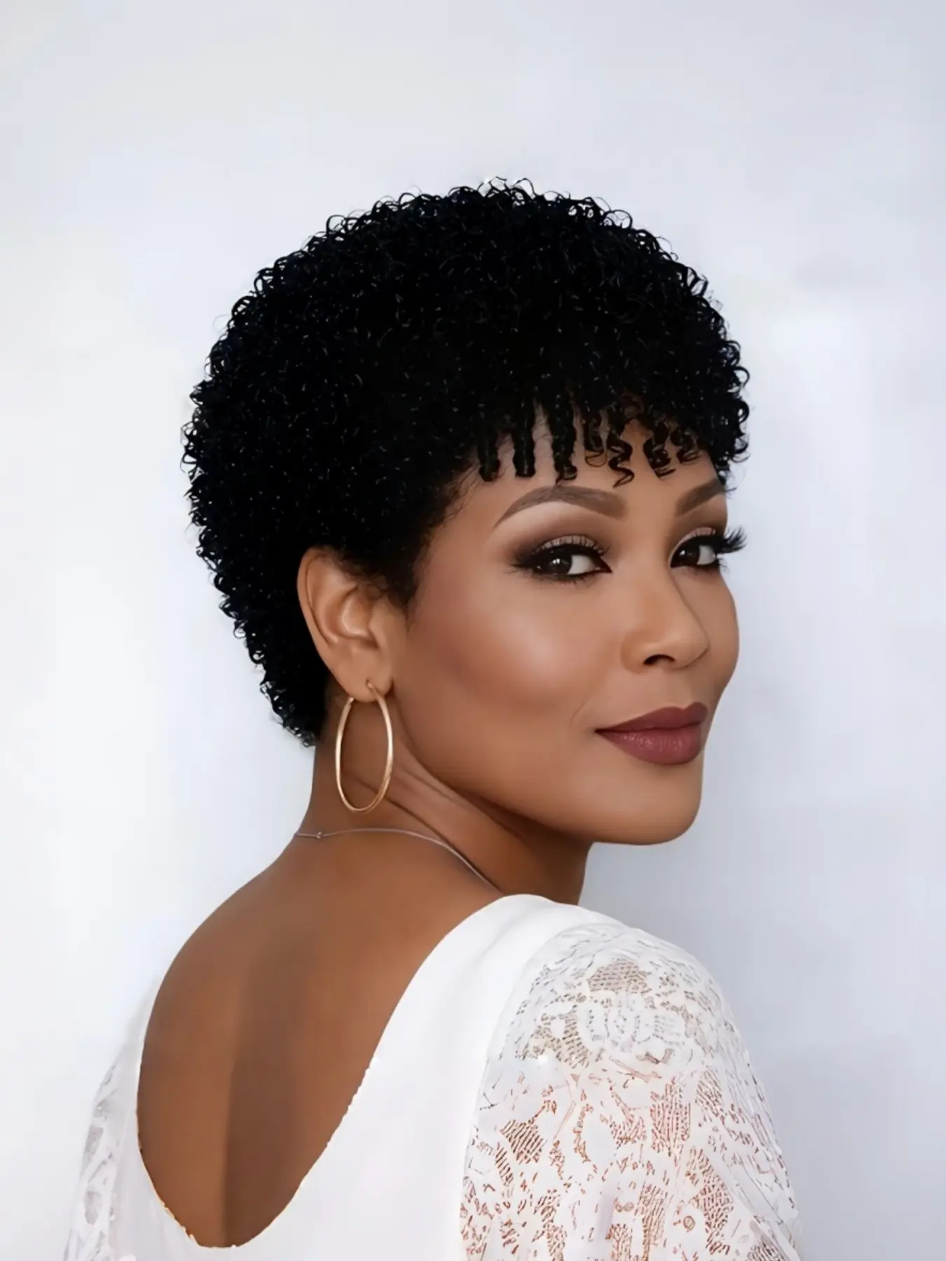 8 Inch Human Hair Pixie Cut Wig, Afro Kinky Curly Short Wig with Bangs, Glueless Natural, for Women Daily Wear