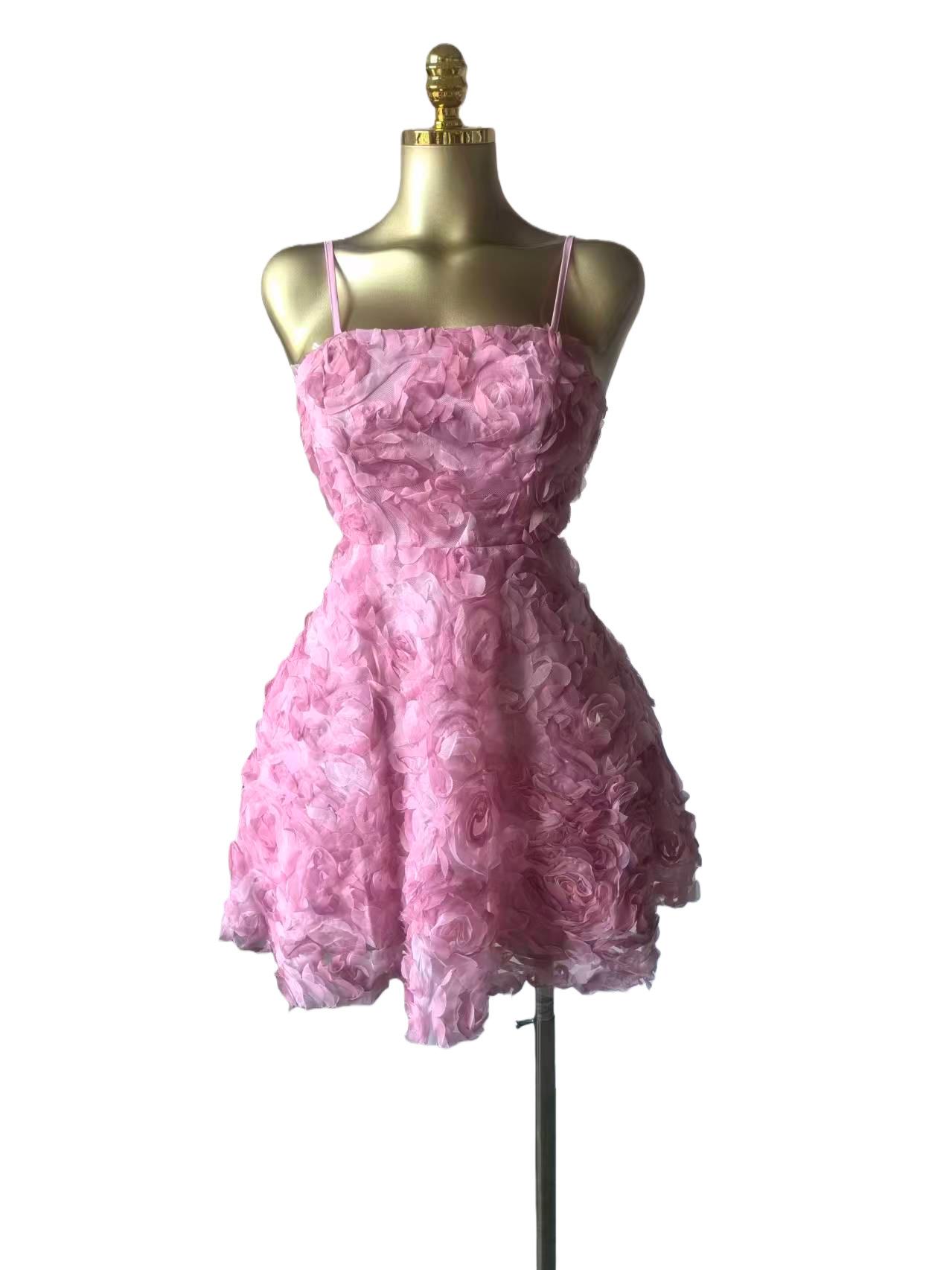 2026 Women's Sweet Strapless Rose Flower Bubble Short Dress Sleeveless Tube Top Waist-Cinching Dress