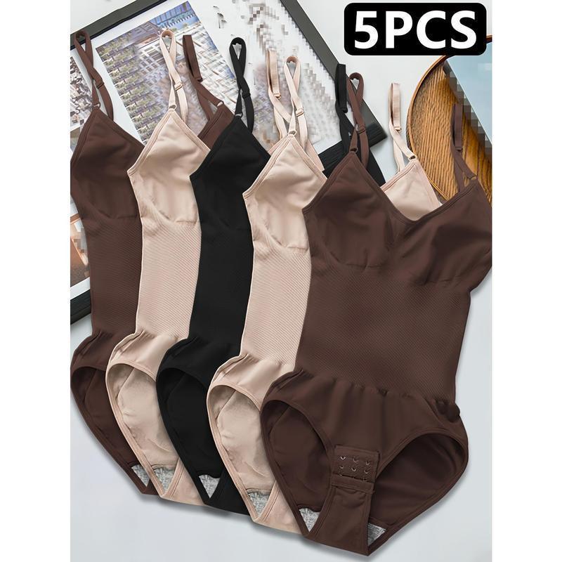 5pcs Women's Seamless Shapewear Bodysuit with Abdominal Compression & Hip Lifting - Tummy Control, No Padding, Stretchy Nylon-Spandex Blend, Black/Brown/White/Beige/Navy Blue, for Travel & Casual Attire, Comfort Undergarment |         Closefitting Sha