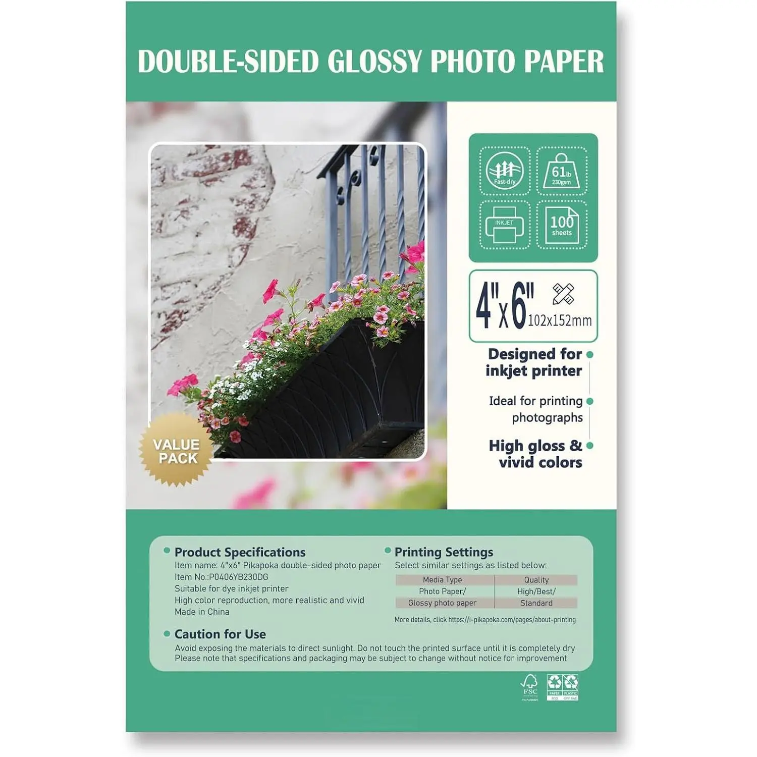 Double Sided Glossy Photo Paper 4x6, Thick Glossy Paper for Cardstock, 100 Sheets 61lb for Inkjet Printer