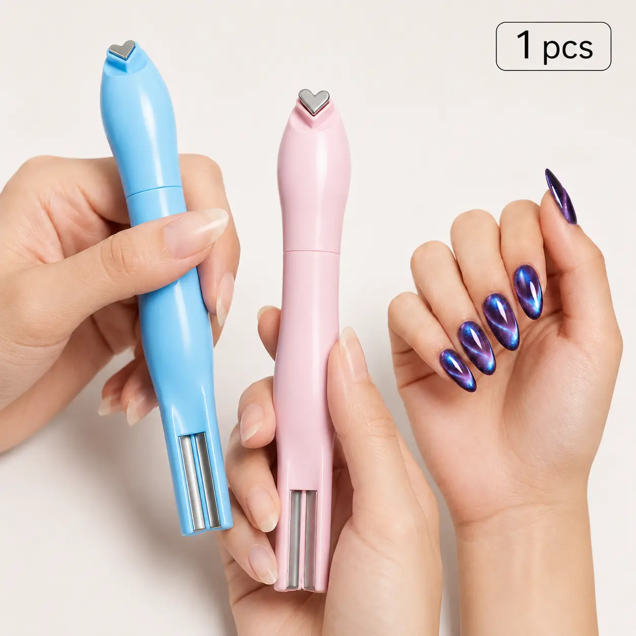 3 in 1 Heart Cat Eye Magnetic Nail Pen, Multi-Function Nail Art Magnet Tool with Heart, Round & Dual Strip Magnet Tips, Powerful Magnet Nail Magnet Stick for DIY Cat Eye Gel Polish, Salon & Home Manicure Decoration Tool