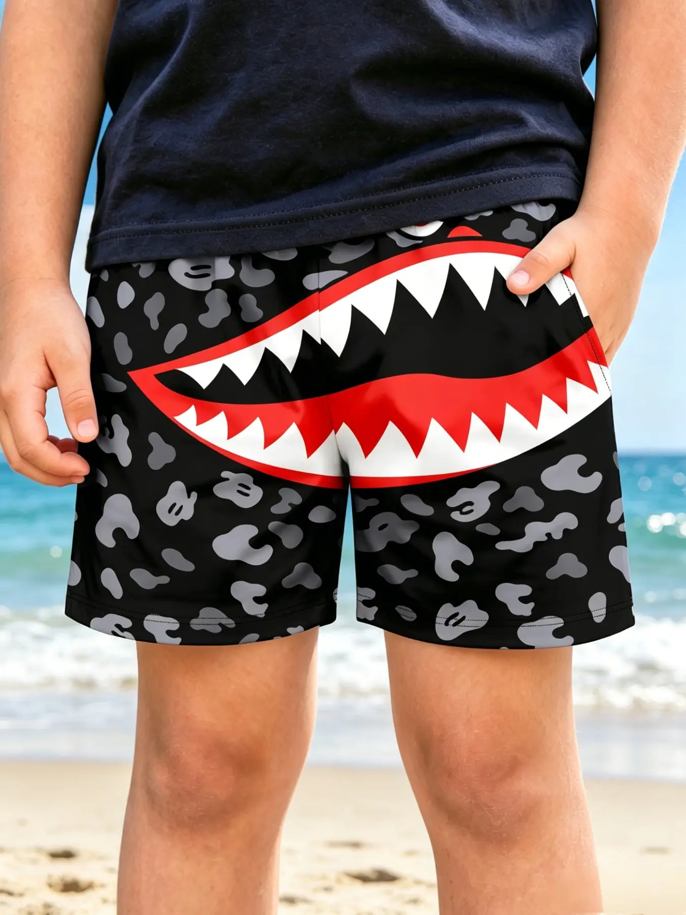 Shark Mouth Camouflage Kids Beach Shorts, Boys Summer Vacation Cartoon Short Pants, Comfortable and Stylish Stretch Swim Shorts Swimwear for Children, Youth Boys Swim Trunks