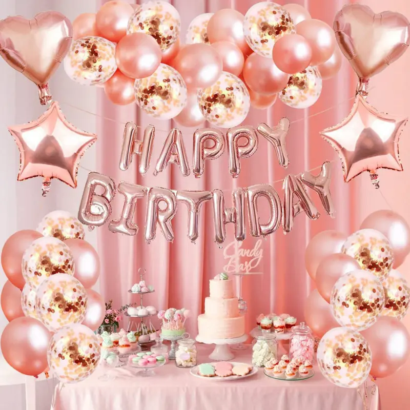 Rose Gold Birthday Party Decor Set, Birthday Decorations, with Rose Gold Happy Birthday Balloon Banner, Confetti, and Latex Balloons, Heart-Shaped Foil Balloons, Tassel Curtains for Shower Party Supplies