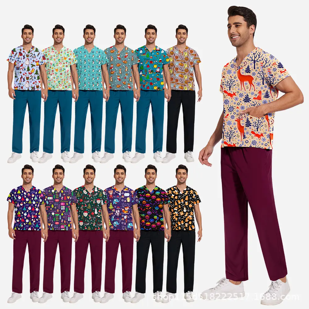 Cross-border European and American printed short-sleeve workwear set, nurse uniform, surgical gown, clinic dental scrub suit, AliExpress
