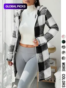 Women's  Plaid Fleece Hooded Coat, Soft Fluffy Fleece Fabric & Full Zip Closure & Hooded Design & Mid-Length Silhouette & Multiple Color Options，Valentine，1pc