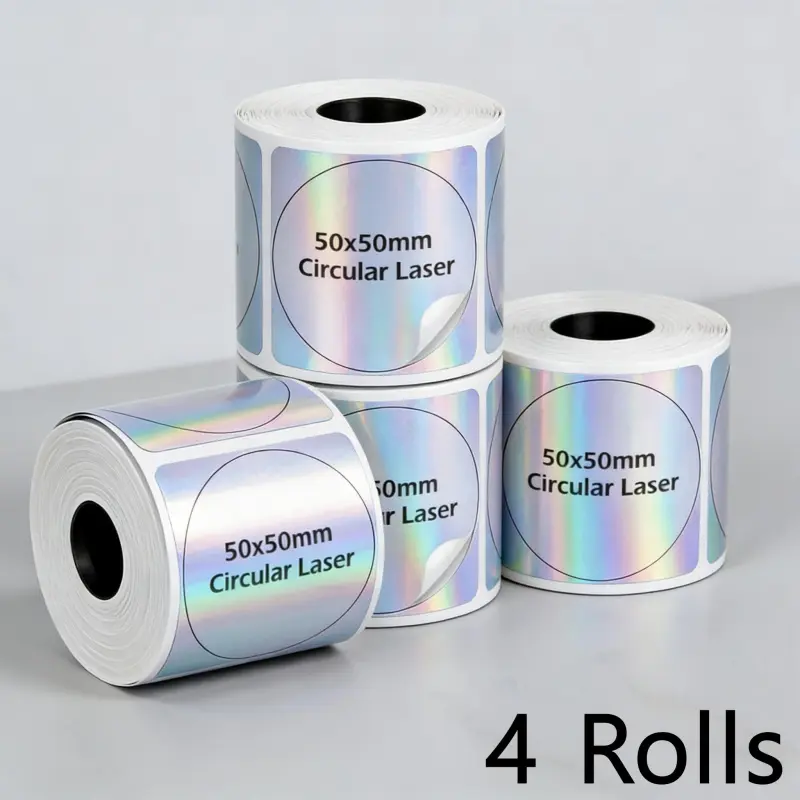 4 rolls 40x30mm/50x50mm holographic silver labels, for Phomemo M110/M120/M200/M221/P50. Barcode labels, holographic design, self-adhesive.