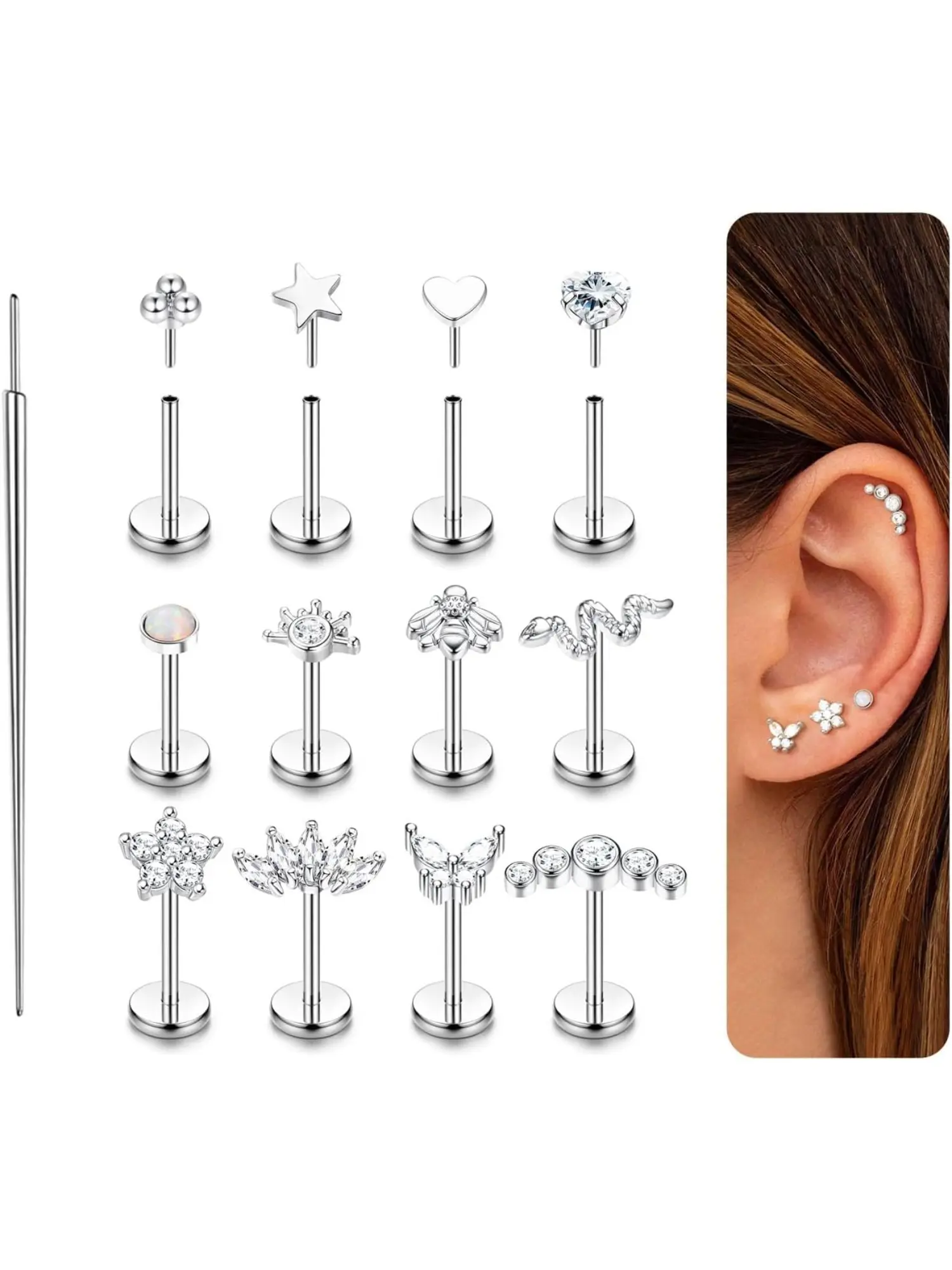 14K Gold Plated Push In Flat Back Earrings, Hypoallergenic Surgical Steel Threadless Studs, Tragus Helix Cartilage Piercing Jewelry, Flat Pierced Earring