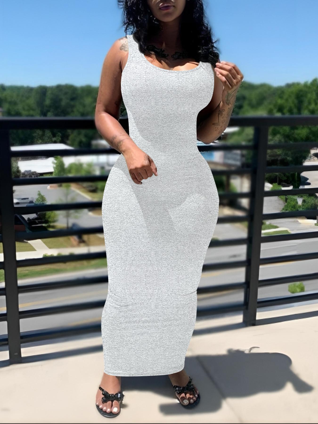 Women's All Over Print U Neck Bodycon Dress, Casual Sleeveless Long Dress for Summer, Ladies Clothes for Daily Wear