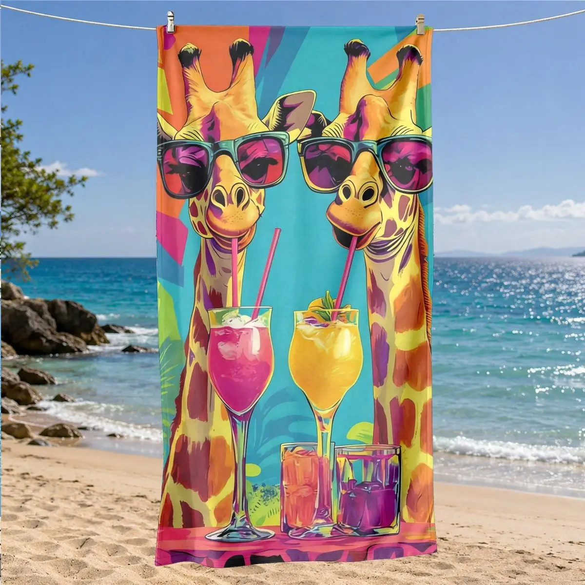 Colorblock Trendy Giraffe Cocktail Beach Towel, Quick-Dry Microfiber, Sand-Resistant Sun Protection, Lightweight Comfort, Ideal for Surfing, Swimming, Yoga