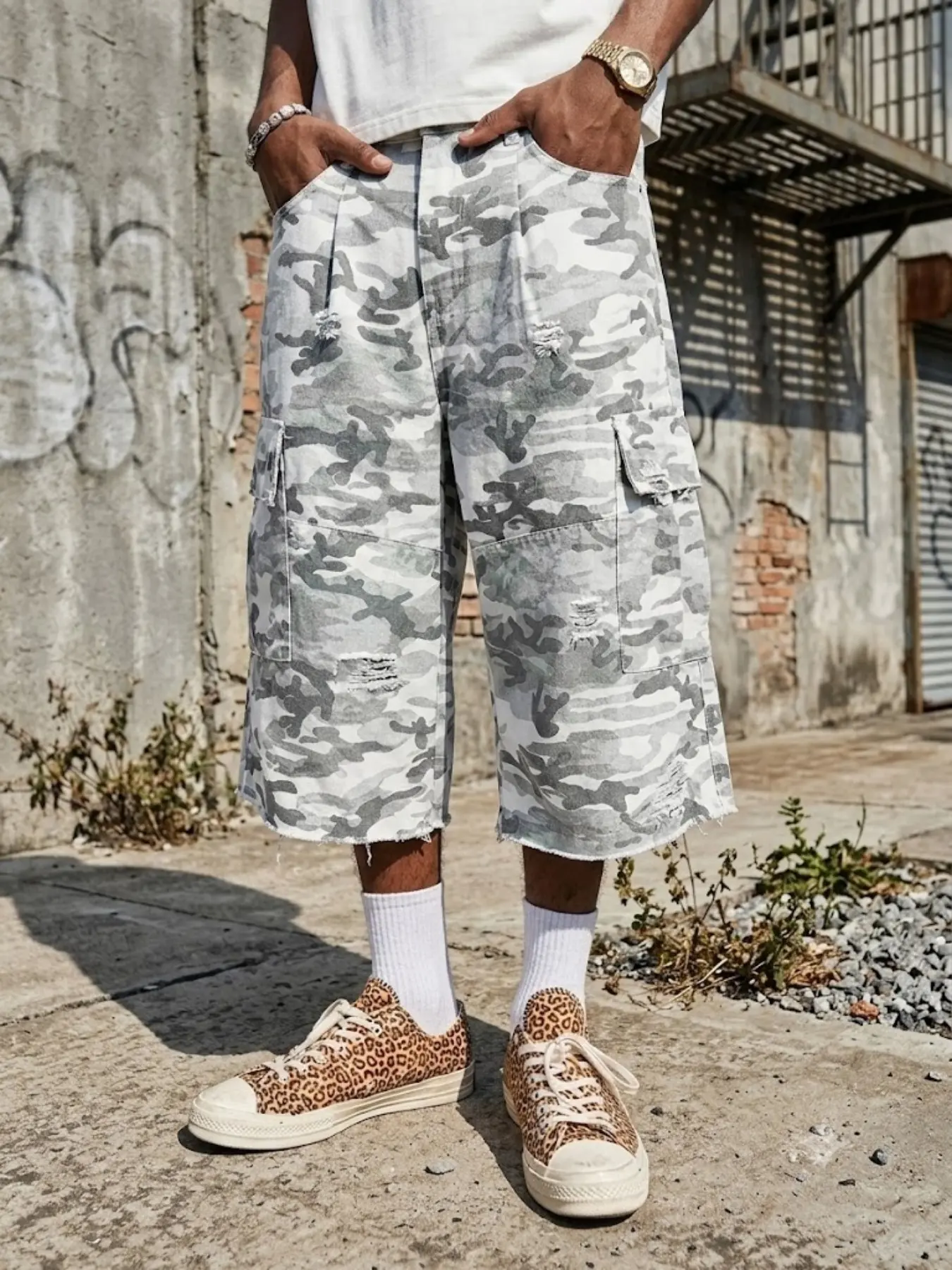 Summer American Street Loose Fit Camouflage Jeans, Men's Trendy Casual Cropped Pants, Zipper Fly, Natural Waist, Unlined, Capri Pants