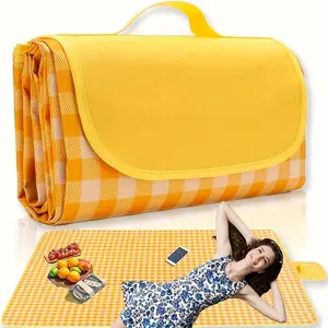 Sand Protective Picnic Blanket - Yellow and White Checkered Design with Orange Border - Foldable, Suitable for Camping, Hiking, and Outdoor Activities - Hand Washable, Camping Essentials | Checkered Pattern | Durable Canvas Material, Camping Accessories