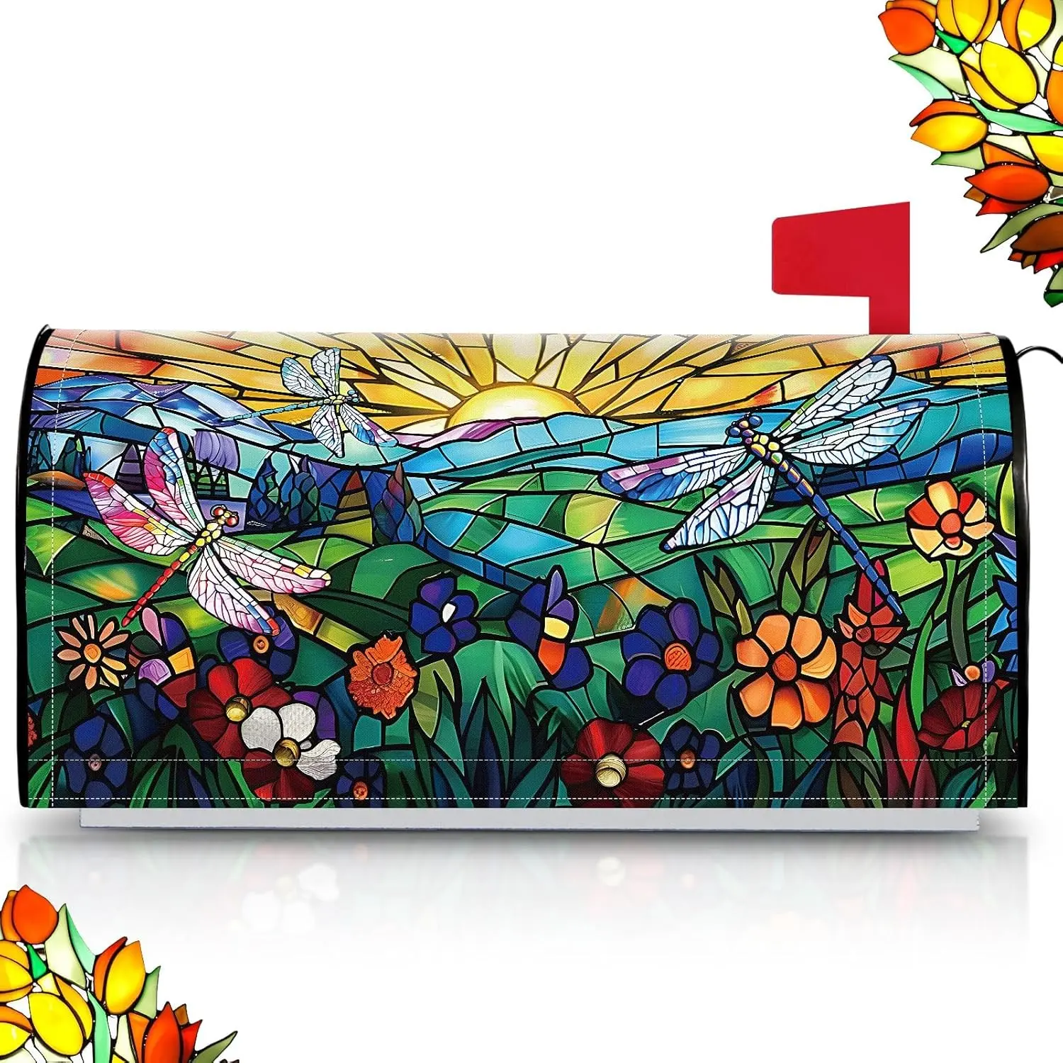 Magnetic Dragonfly Art Mailbox Cover, 21x18in Magnetic Wrap, Outdoor Decor with Spring Leaves, Fits Standard Garden Yard Mailboxes, Fits Standard Box