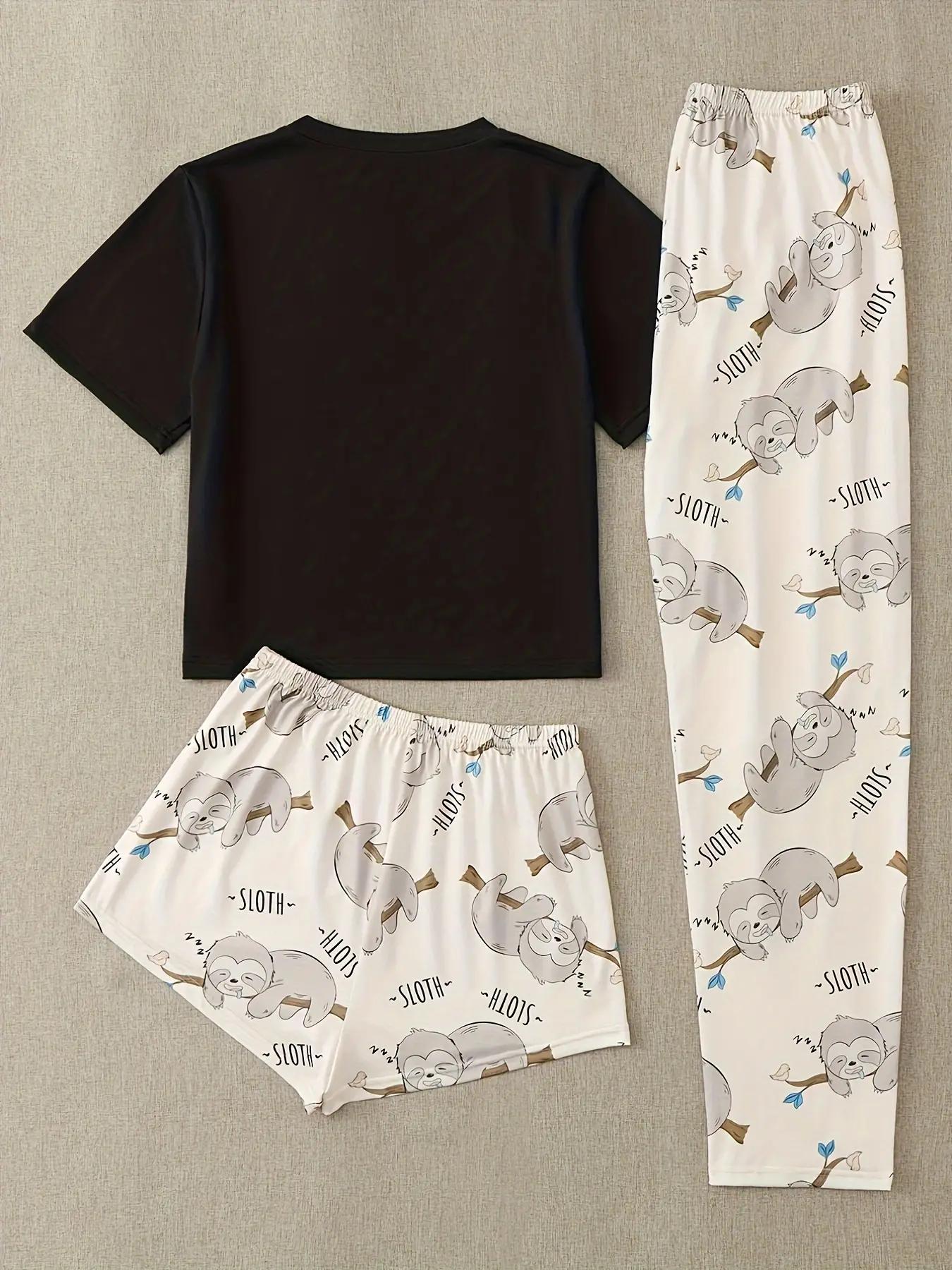 Three-Piece Set Women's Cute Cartoon Sloth Print Tee & Shorts & Pants Pyjama Set, Casual Comfy Crew Neck T-Shirt & Shorts & Trousers PJ Set, Summer Clothes Women, Summer Outfits 2024, Pajamas Lounge Set