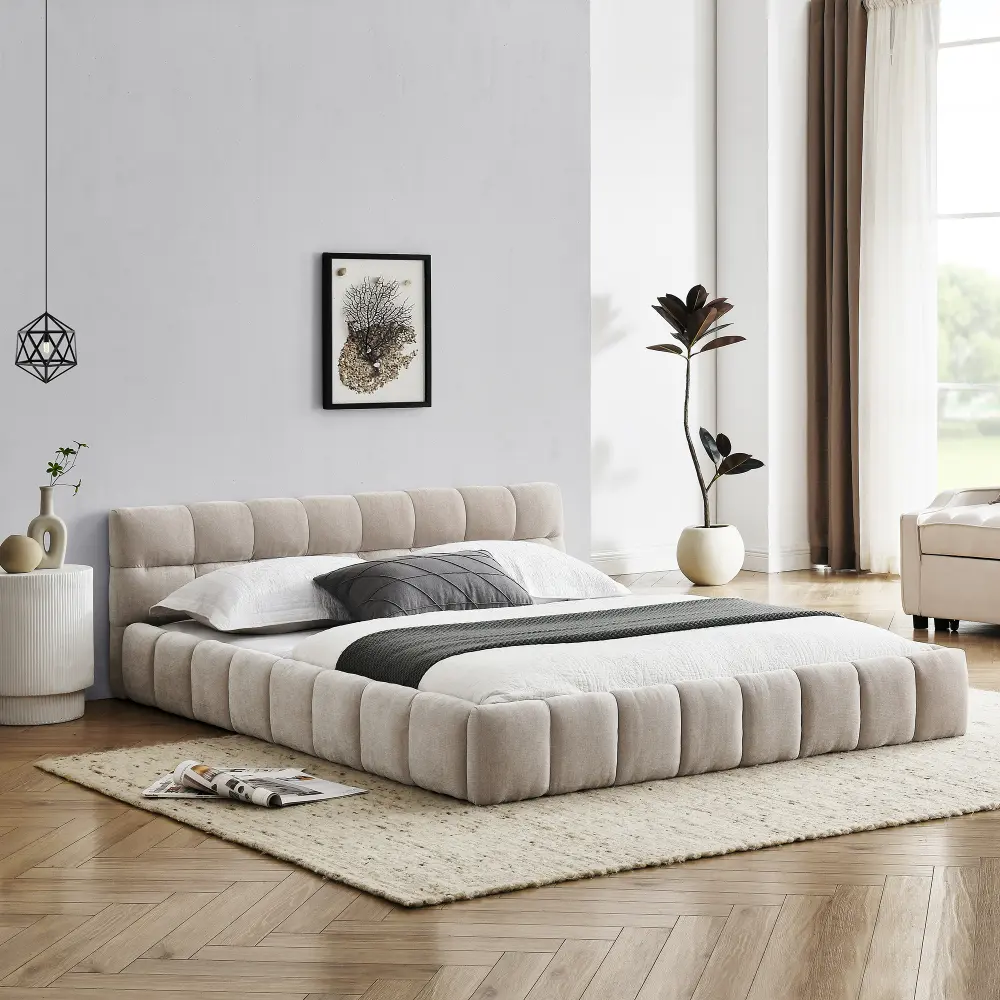 Queen Size Chenille Upholstery Fabric Bed Frame - Low Profile Modern Thick Fabric Headboard, Durable Solid Build, No Box Spring Needed, Easy to Sit Up, Some Setup Required, 68"x86.5"x23.5" for Master Bedroom (Bed Frames Included), Assembly Required