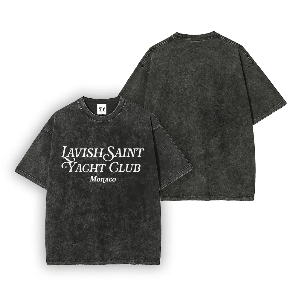 Men Vintage Acid Washed Oversized Short Sleeve T Shirt, Retro Lavish Saint Yacht Club Monaco Cursive Letter Graphic Distressed Crew Neck Casual Tee, Loose Summer Luxury Streetwear Top, Multiple Colors Available