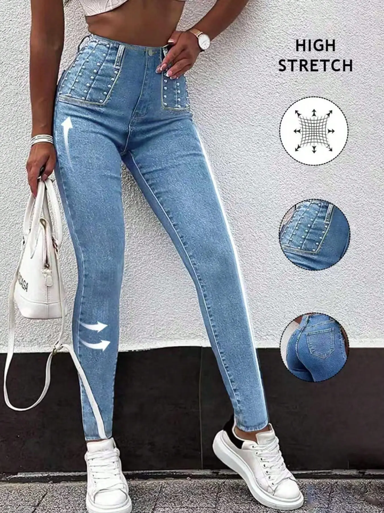 Women's Casual Washed Slim Fit Jeans, Gothic Bead Embellishment, Stretch Design, Comfortable and Stylish, Perfect for Everyday Wear