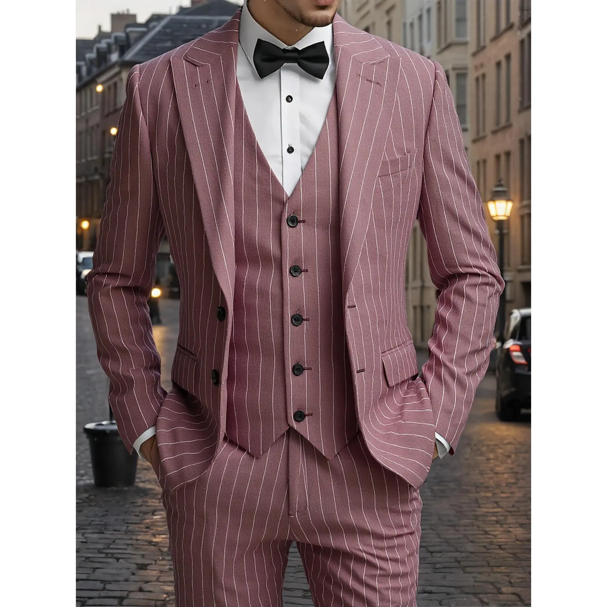 New Vertical Striped 3-Piece Two-Button Suit for Men, Full Matching Blazer Vest Pants Wrinkle-Free Formal Outfit for Daily Office & Corporate Banquets