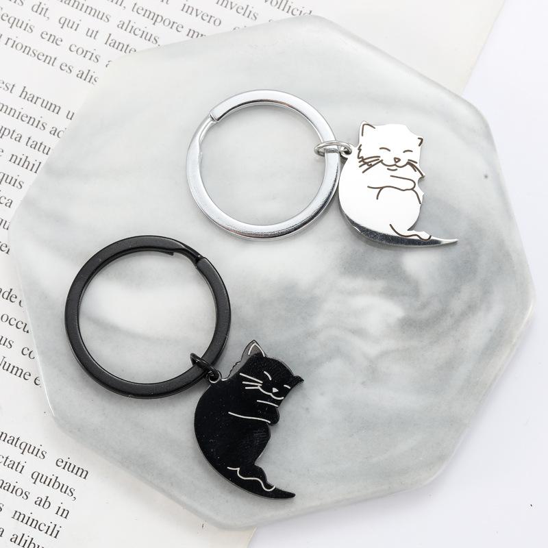 1Pair Cute Kawaii Cat Keychain Patchwork Heart Round  Charms for  Couple Lovers Keyring Stainless Steel Backpack Car Key Ring- Cute Matching Keychains for Boyfriend, Girlfriend, Best Friends & Family