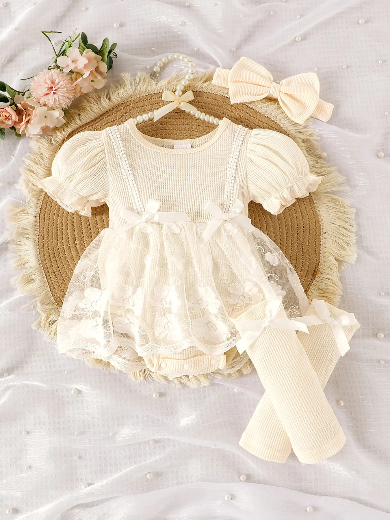 French Style Baby Jumpsuit Set 1-18 Months, Short Bubble Sleeves, Floral Embroidery, Lace Harajuku, Large Bow Hairband, Spring Summer Newborn Birthday Dress, Rompers Set, Newborn Outfits Set