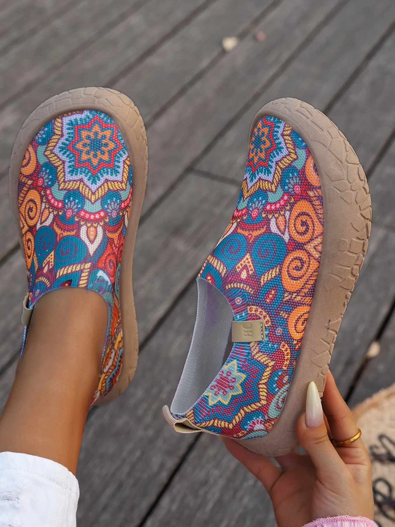 Multicolor Boho Mandala Ethnic Print Slip-On Women's Sneakers, Breathable Knit Walking Shoes, Leisure Shoes, Soft Thick Anti-Slip Sole