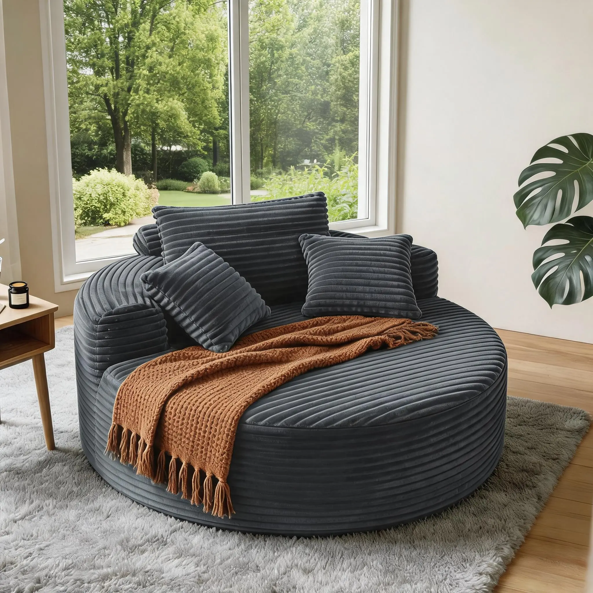Garvee 55" Oversized Round Chaise Lounge Chair, Corduroy Upholstered Deep Seat Cloud Circle Lounge Chair with 3 Pillows - Cozy Indoor Reading Chair for Living Room/Bedroom - Color: Green/Black